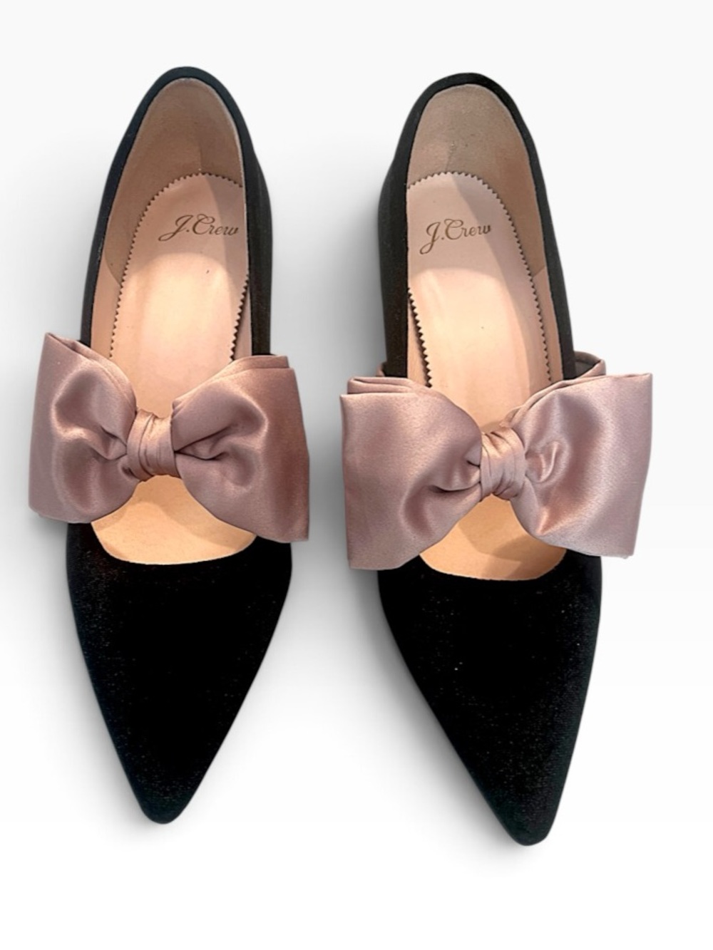 J. Crew Black Pointed-Toe Mules with Blush Satin Bow